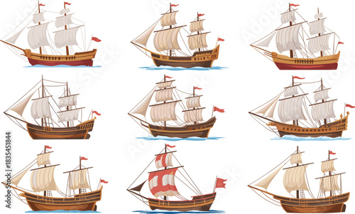 Cartoon sailing ship illustration set, historical wooden vessels with sails and flags, maritime exploration theme, vector collection, white background