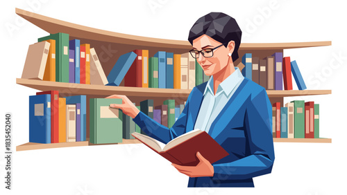 Librarian reading a book in front of colorful library bookshelf