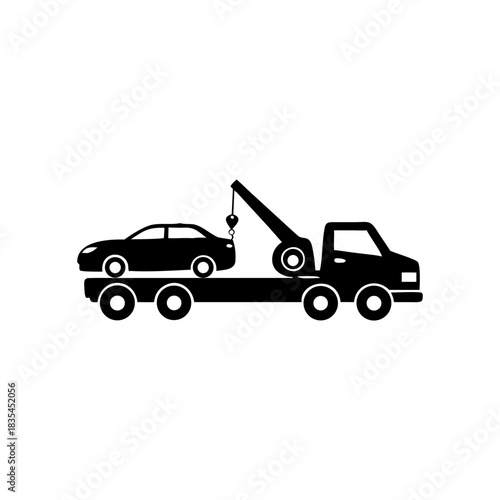 Monochrome vector illustration of a flatbed tow truck transporting a disabled sedan, symbolizing vehicle breakdown and recovery service.
