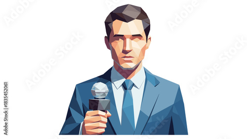 Geometric portrait of news reporter holding microphone in blue suit