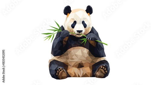 Geometric low poly panda eating bamboo on white background
