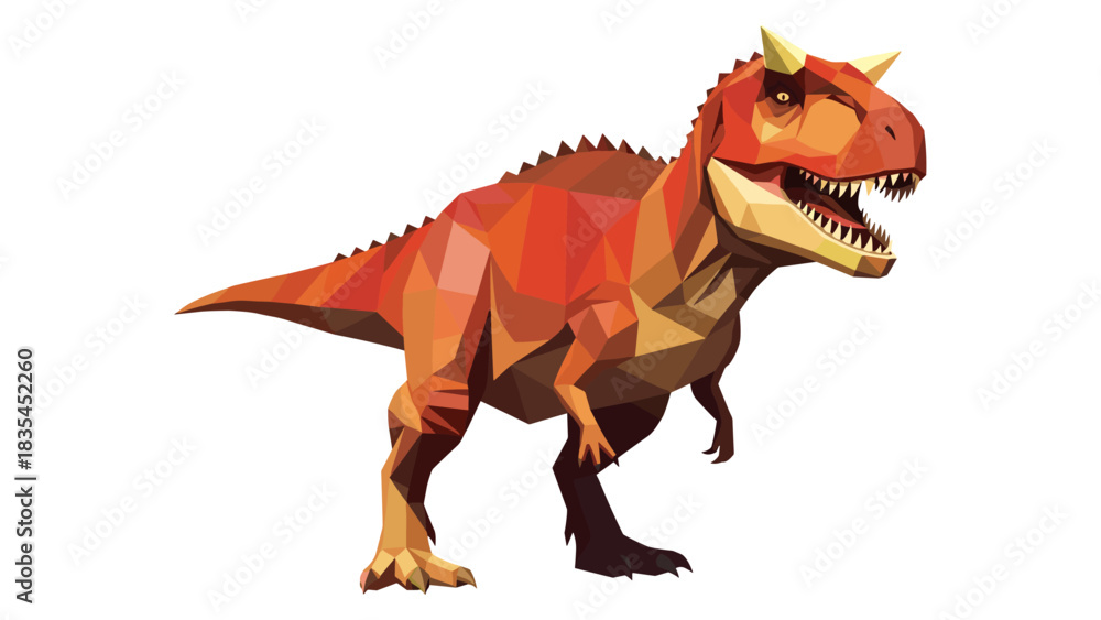 Fototapeta premium Colorful low poly t-rex dinosaur with sharp teeth and horns on white background
