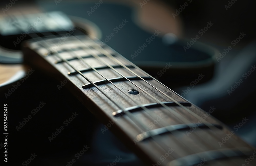 Fototapeta premium Rosewood guitar neck with six strings, metal frets in close up still. Musical instrument shows fine detail, skilled craft, art of music. Photo represents rich sound, musician passion, learning music