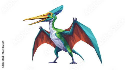 Colorful low poly pterodactyl design on white background