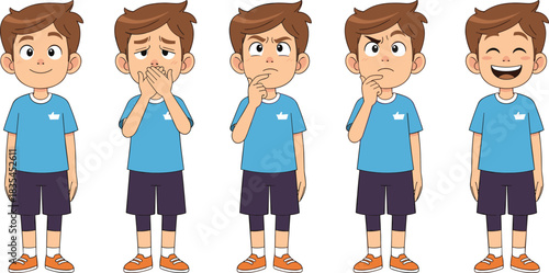 Cartoon boy showing various facial expressions and emotions – educational character illustration for emotional learning and design use