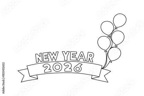New year 2026 celebration banner and balloons line art drawing illustration