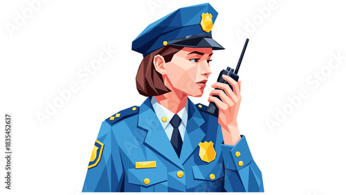 Geometric style female police officer with radio communication in uniform