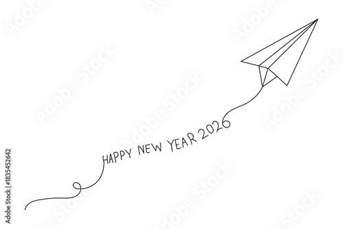 Paper airplane line drawing, happy new year 2026 message flying illustration