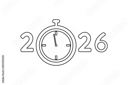 Outline year 2026 concept with clock symbolizing new beginnings illustration