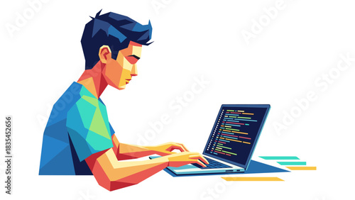 Vibrant polygonal style coder typing on laptop with colorful geometric shapes