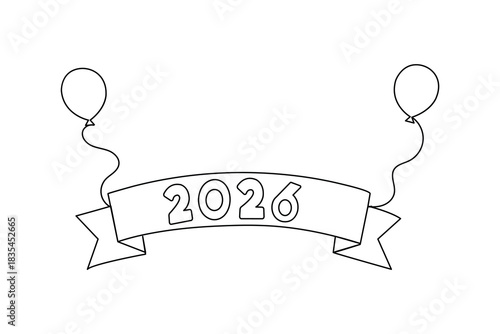 Outline of 2026 year on banner with balloons, new year concept illustration