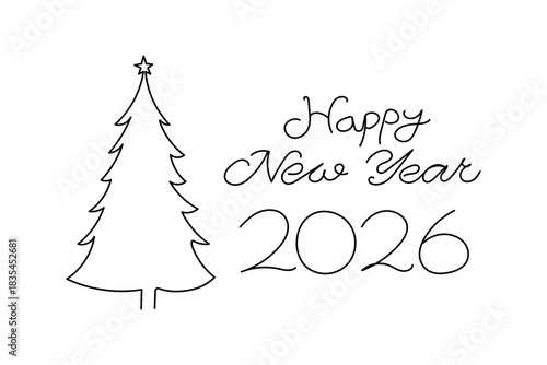 Minimalist happy new year 2026 greeting with simple line art christmas tree design.