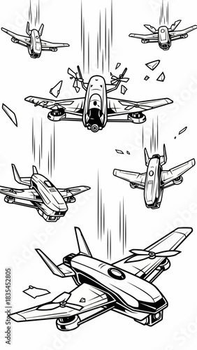 Unmanned aerial vehicles falling down with damage futuristic black and white illustration of drone technology failure and collapse