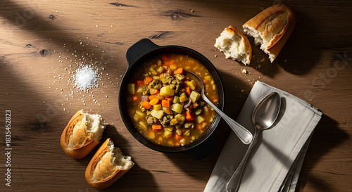 Fototapeta Naklejka Na Ścianę i Meble -  Delicious vegetable soup served in a black bowl with bread on the side.