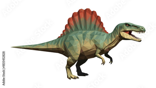 Polygonal spinosaurus dinosaur roaring with red sail on white background