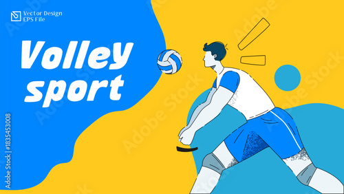 Volleyball Sport vector illustration featuring a male athlete executing a dig/pass in a dynamic, modern, high-contrast style. National Sports Day. Ideal for sporting events, athletic apparel, Sport
