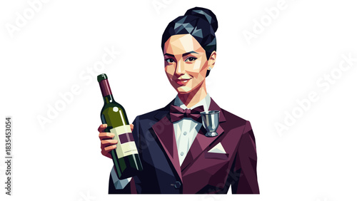 Geometric portrait of elegant woman holding bottle in low poly style