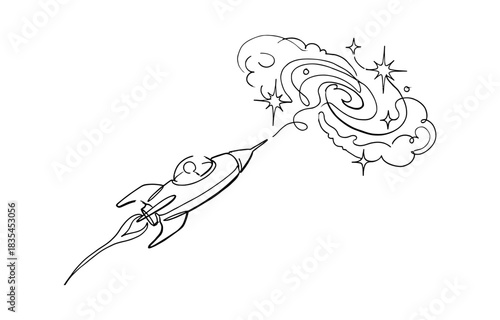 One continuous line drawing of simple retro spacecraft flying up to the outer space nebula. Isolated on transparent background