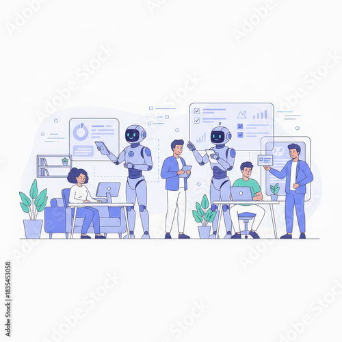 Futuristic office hybrid workspace human robot collaboration business teamwork data analytics project planning digital dashboard remote work