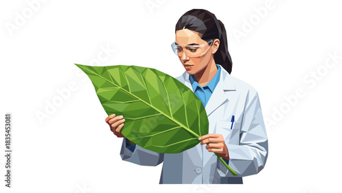 Scientist analyzing giant leaf in low poly art style with modern geometric design