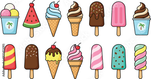 Vibrant Cartoon Ice Cream and Popsicle Set Vector Collection: Summer Refreshment, Sweet Dessert Variety, Frozen Treats, Colorful Watermelon, Chocolate, Vanilla, Strawberry Flavors, Fun Graphics.