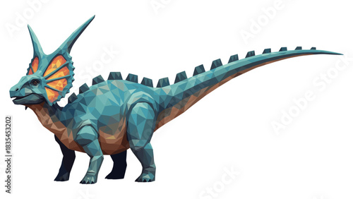 Geometric low poly dinosaur: colorful horned reptile in profile view