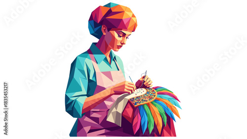 Geometric woman crafting traditional headdress with vibrant colors