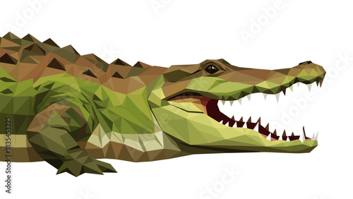 Low poly geometric crocodile head with open mouth in profile view