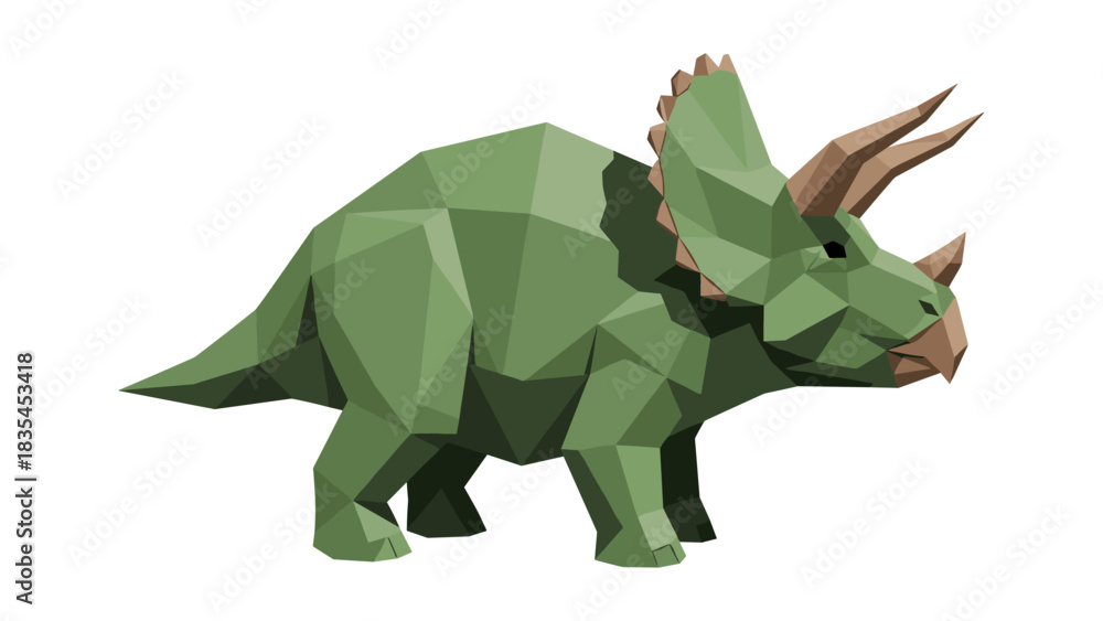 Fototapeta premium Low poly triceratops on white background: geometric dinosaur art