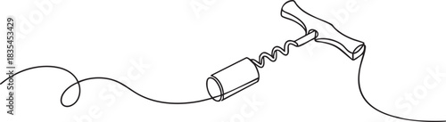 single line illustration of a wine cork and corkscrew in a simple modern outline style, elegant continuous line vector illustration