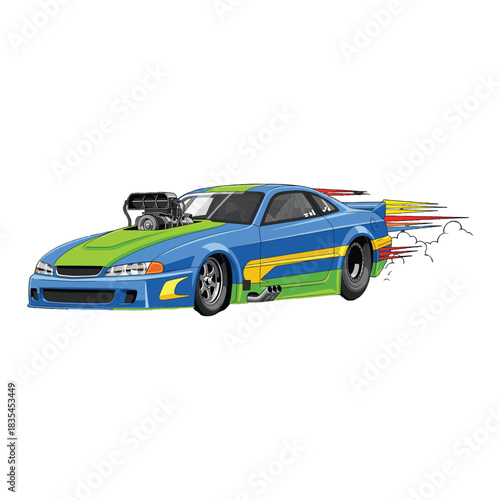 Illustration of a blue and green racing car speeding with motion lines on a white background.