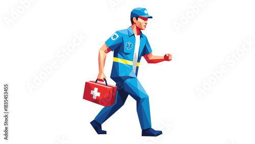 Geometric paramedic in motion with medical kit on white background