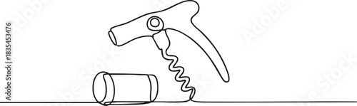 single line illustration of a wine cork and corkscrew in a simple modern outline style, elegant continuous line vector illustration