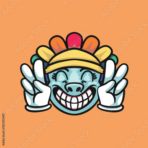 cartoon character playful smiling and peace hand sign wearing beanie colorful flower