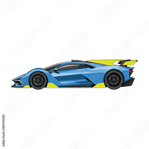 Side view of a blue sports car with yellow accents on a white background