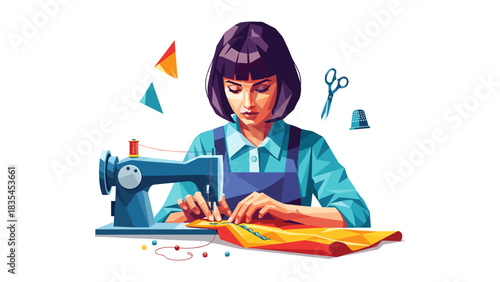 Vibrant sewing scene with seamstress and geometric elements