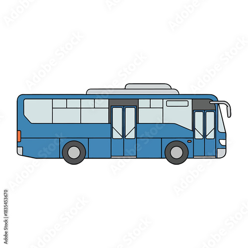 Side view of a blue city bus with large windows on a white background