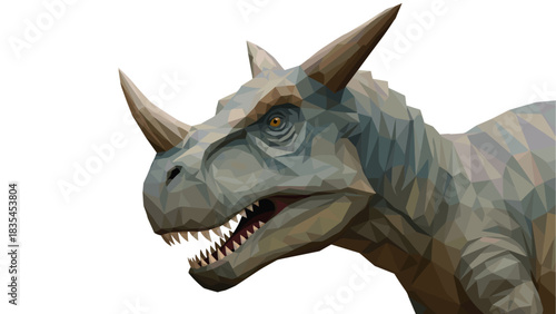 Polygonal dinosaur art: geometric carnotaurus with horns and sharp teeth
