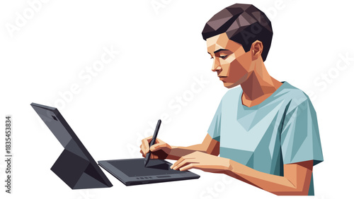 Geometric style young man using digital tablet at desk for creative work