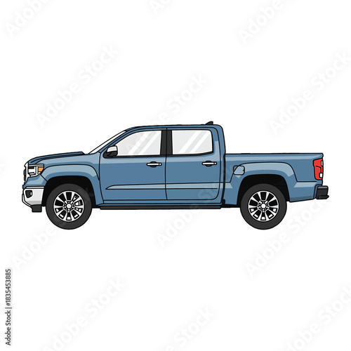 Side view of a blue pickup truck on a white background