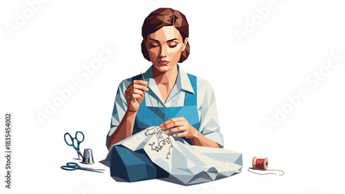Woman sewing cloth in geometric style with needle and thread