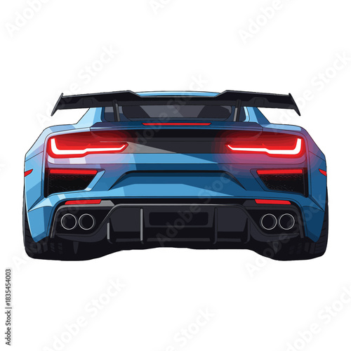 Rear view of a blue sports car with red taillights on a white background