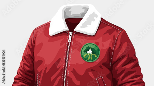 Festive red bomber jacket with white fur collar and a round green patch featuring a mistletoe design for a holiday celebration