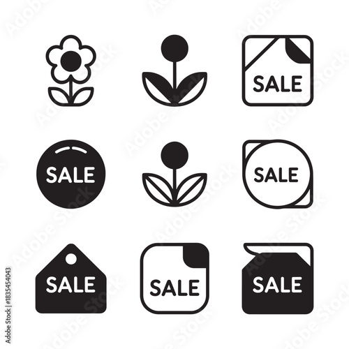 Collection of simple flower and sale icons in black and white