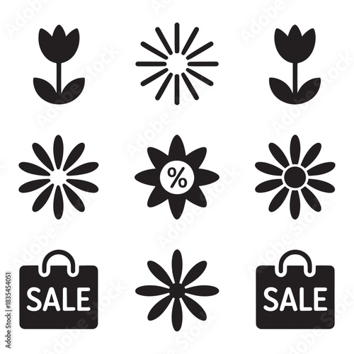 Collection of black flower and sale bag icons