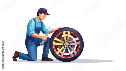 Mechanic fixing car wheel in vibrant geometric art style