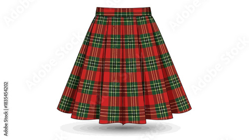 A classic pleated midi skirt featuring a traditional red green and yellow tartan plaid pattern perfect for autumn and winter fashion collections