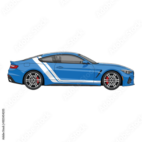 Side view of a blue sports car with white stripes on a white background