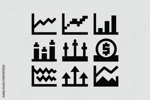 Collection of minimalist web icons depicting various financial trends and statistics in black and white design vector 