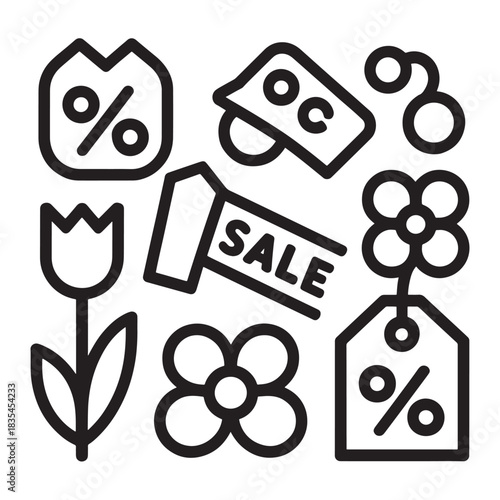 Spring sale icons featuring flowers and discounts